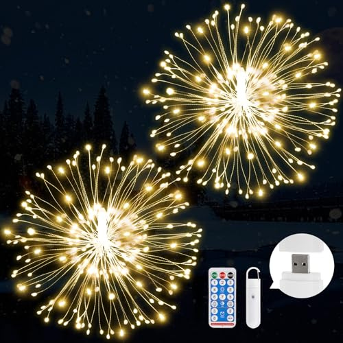 KIKILIVE Fuegos Artificiales Luces 120 LED con Control Remoto, 2 Piezas 8 Modos Luces de hadas LED Fuegos Artificiales Luce para decoración de jardín de boda