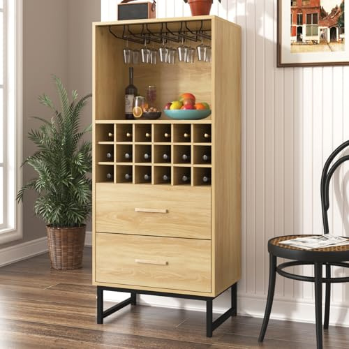 OLIVIBED Armario de vino con dos cajones, armario de vitrina con 18 compartimentos abiertos, armario con alcohol con asa y patas de metal, armario alto para bar, cocina y comedor, 60 x 39,5 x 141 cm