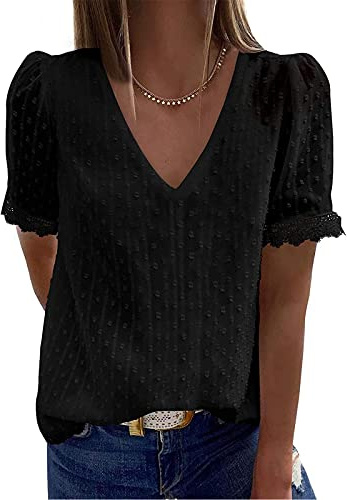 AMhomely Summer Tops for Women Chiffon Blouse Casual T-Shirt V Neck Short Sleeve Lace Blouse Plain Loose Pullover Tops Elegant Tunic Ladies T-Shirt Basic Tops
