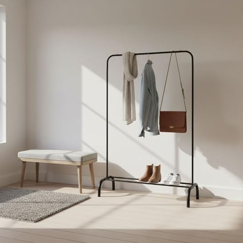 INDE MOBLEKIT | Perchero Metálico Negro Mate con Estante Inferior 104x41x152 cm, Burro Ropa Estilo Industrial para Entrada Recibidor, Dormitorio o Vestidor, Perchero de Pie Resistente