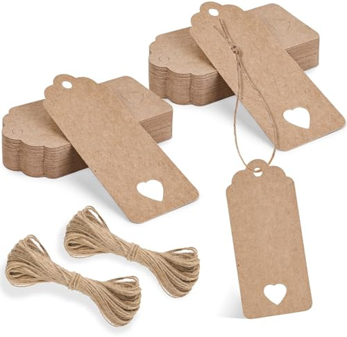 Cossaot 200 Piezas Etiquetas Papel Kraft, 4.5×9.5 CM Etiquetas Craft | Papel Kraft con Cuerda de Yute de 40M, Diseño Corazón para Regalos, Ideal para Bodas, Navidad, Cumpleaños y Manualidades