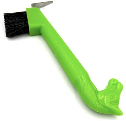 JA Horse JA2011 Grattoir à sabots avec poignée en forme de tête de cheval en plastique professionnel avec pointe en métal stable et brosse intégrée pour l'entretien quotidien des sabots (vert)