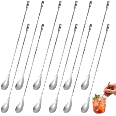 12Pzs 30,5cm Cuchara de Bar, Acero Inoxidable Cuchara Mezcladora Cóctel con Mango Espiral Larga Herramienta Removedora para Barman Bebidas Café Helado Uso Profesional Hogar Bar (Plata)