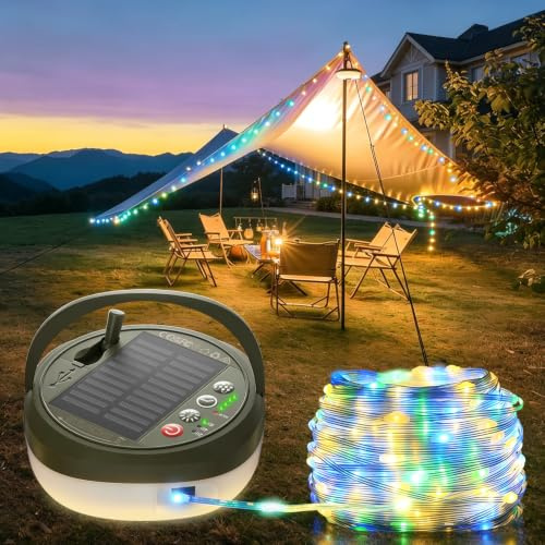 Glocusent Uppladdningsbar campinglampa med 10 m campingljusslinga 130 lysdioder, 2 500 mAh 30-tal återhämtning campinglykta med 12 belysningslägen och 10 RGB-lykta för tält, trädgård, vandring