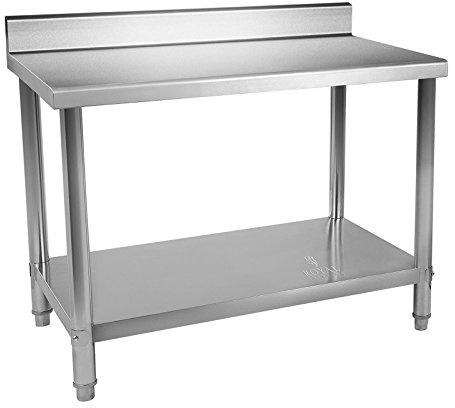 Royal Catering Table De Travail Adossée Cuisine Professionnel Préparation Confection Boucher Avec Tablette RCAT-120/60-N (120x60cm, Capacité 250 kg, Plan 150 kg + Étagère 100 kg, Dosseret 11 cm, Inox)