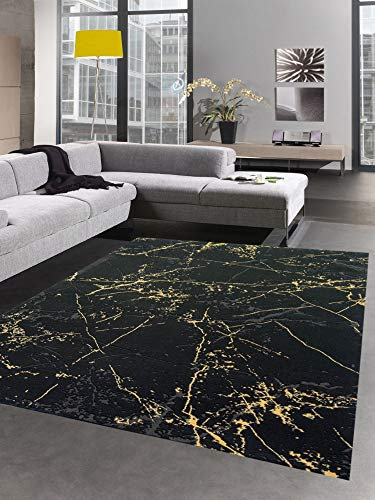 Teppich Wohnzimmer Designerteppich Marmor Optik schwarz Gold Größe 160x230 cm