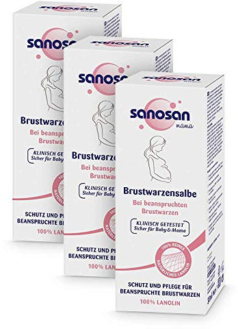 sanosan Brustwarzensalbe klinisch getestet - 100% reines & natürliches Lanolin ideal für die Schwangerschaft & Stillzeit - Brustwarzen Salbe ohne Parabene, Farbstoffe & Duftstoffe (3x 30 ml)