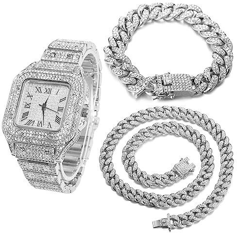 Halukakah Diamant Golduhr, Herren Platin Weiß Vergoldet 40MM Breite Quadrat Wählen Quarz Armband 24cm mit Kubanischer Link Kette 20+45cm Halskette Armband Set, mit Geschenkbox