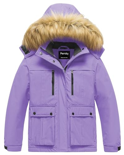 Pursky Ski Jacket Girl Winter Jackets Waterproof Breathable Outdoor Fleece Snowboard Purple 6/7