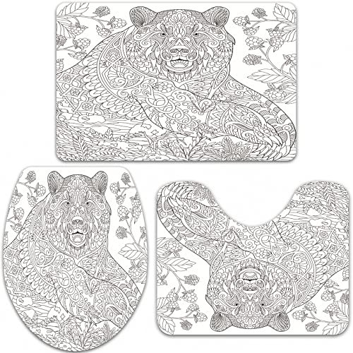 Badteppich-Set 3-teilige, rutschfeste,Grizzly Bear unter Brombeeren Himbeeren im Wald Freihandskizze für Erwachsene Anti-Stress-Malb,rutschfeste Badematte, U-förmiger Konturteppich und Toilettendeckel