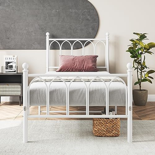 FOUBAM Bettrahmen Metallbett Bettgestell aus Metall mit Kopfteil,Bettrahmen Einzelbett Gästebett Jugendbett für Schlafzimmer Gästezimmer, Bed Gästebett für kleine Räume 90x200 cm Weiß