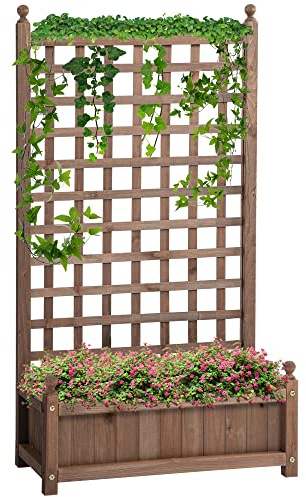 Outsunny Fioriera da Esterno in Legno, Portapiante con Grigliato per Piante Rampicanti e Aiuola Rialzata, 64x28x120cm, Marrone