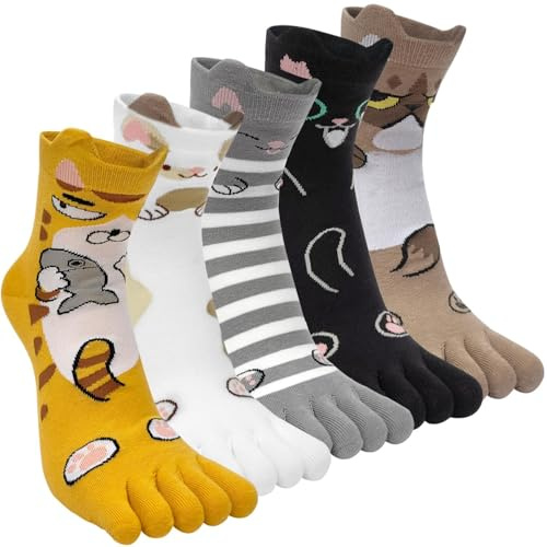 Kevaler Womens Toe Socks Cotton Five Finger Crew Socks Novelty Mid-Calf Socks Cute Animal Fruit Stripe Pattern Sports Socks Running Socks UK 3-8, 5 Pairs