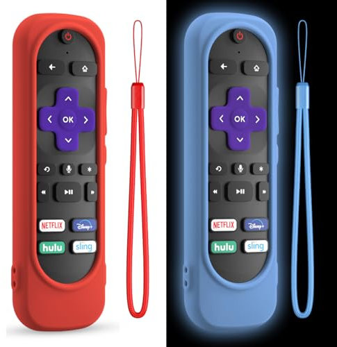 DUOLAXMENG 2-pack silikonfjärrkontroll för Roku TV/Hisense/Tcl fjärrkontroll, silikonfodral, kompatibel med universalfodral, röstfjärrkontroll, tvättbar Roku fjärrkontroll med snodd (röd + glödblå)