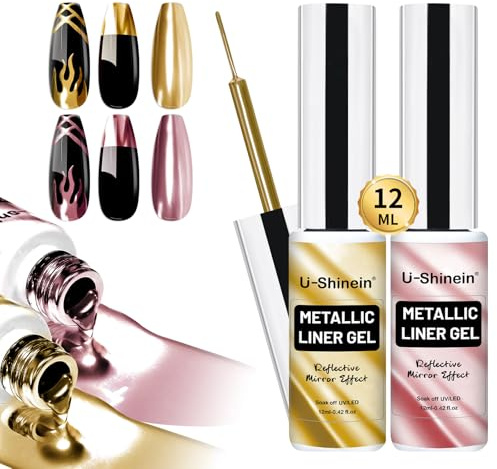 U-Shinein 2x12ml Metallic Painting Nail Gel Liner, Gold & Rose Gold Metal Painted Drawing Gel, Strong Mirror Reflection Nail Art Paint, Nail Liner Gel, UV Nail Gel with Build in Thin Brush