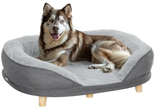PawHut Hundesofa Hundecouch, Waschbarer Bezug, Haustiersofa mit Rückenlehne und Holzbeine, Katzensofa, Hundbett für mittelgroße Hunde unter 25 kg, 90cm x 78cm x 25cm, Grau