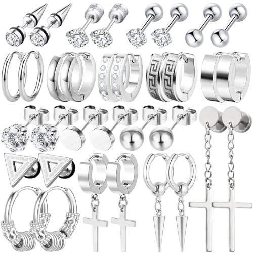 17 Pairs Earrings for Men, Stainless Steel Earrings For Men Sensitive Skin, Silver Fashion Earring Piercing Jewelry Cross Dangle Hoop Earrings Kit Studs Long-lasting Shine