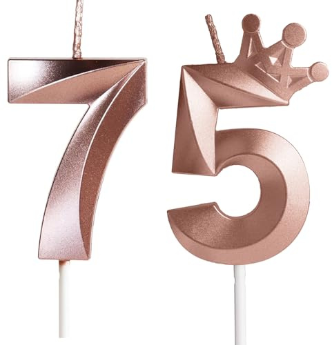 Vela de cumpleaños Con corona, número 75-2.36 pulgadas, color oro rosa, 2 unidad, Velas Cumpleaños Divertidas, Velas de Pastel Cumpleaños, Velas Doradas para Cumpleaños, Aniversario, Fiesta Temática