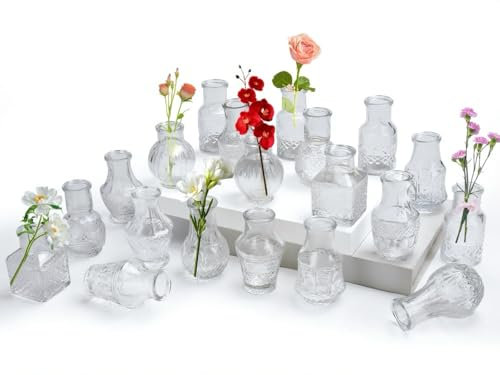 Aevcvok Set di 20 Mini Vaso,Vasi di Fiori Piccoli, Vintage in Vetro Vasi di VetroDecorazione Set Diverse Dimensioni Vaso di Fiori per Decorazioni di Matrimonio Trasparente