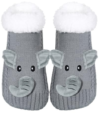 ZYZX Animal Fuzzy Slipper Socks for Women with Grips Winter Cosy Knit Cute Fluffy Non Slip Sherpa lining Grips Socks Gifts Elephant