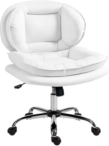 HOMCOM Silla de Oficina Piernas Cruzadas sin Brazos, Ruedas Blanco | Silla Tocador con Asiento Ancho, Altura Ajustable, Doble Acolchado, Giratoria, Función Basculante, Tapizada en PU