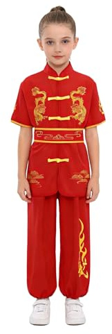 Alvivi Disfraz de Artes Marciales para Niños Uniformes Tradicionales de Tai Chi Ala Chun de Manga Corta con Bordado de Dragón Traje de Kung Fu Wushu Qi Gong Rojo 4-5 años