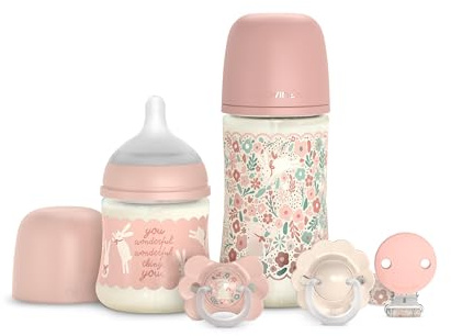 Suavinex, Canastilla, Set Regalo Recién Nacido con Biberones Anticólicos de 150 ml Flujo Lento + 270 ml Flujo Medio + 2 Chupetes 0/6 Meses con Tetina Fisiológica SX Pro + Chupetero. Wonderland Rosa