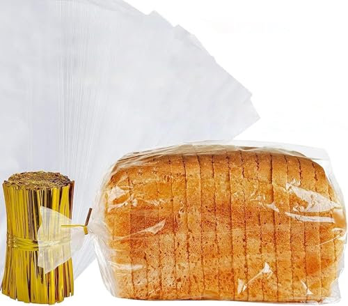 Bread Bags Reusable Clear Plastic Bread Bags for Breads, Bread and Chopsticks for Home, Keep Fresh with Gold Tongs (Pack of 150) (45cm x 20cm x 10cm)