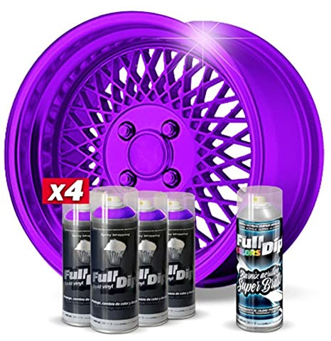 AutoFullCar - Pack Llantas - 4 Sprays Full Dip Violeta Metalizado 1 de Barniz con Acabado Brillo - Pintura Vinilo Líquido - Wrapping Fácil Aplicación