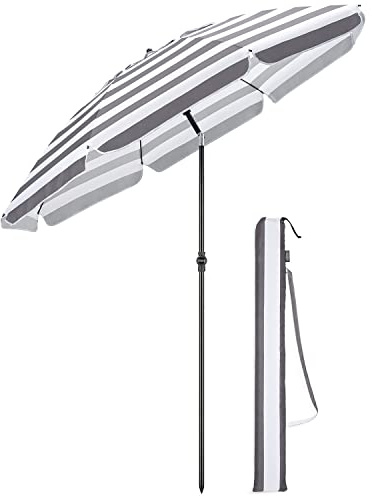 CHRISTOW Beach Umbrella Portable Tilting Parasol Sun Shade with UV Protection and Bag 2m (Grey and White Striped)