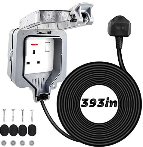1 Gang Weatherproof Outdoor Socket with 10m/32FT Extension Cable IP66 Waterproof Single Outdoor Socket Wall Electrical Outlets Switched Socket Cover 13A Outside Plug Sockets