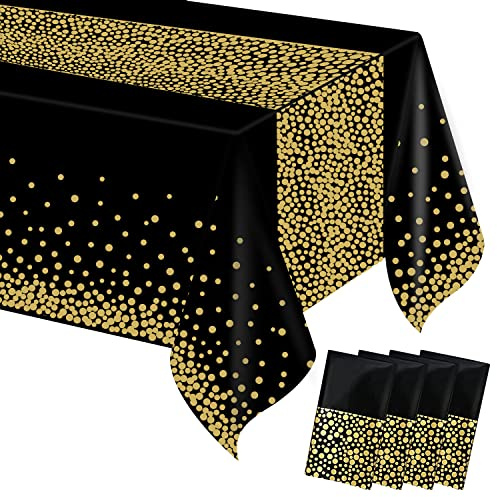 MOKANI engångs bordsduk, 4 stycken bordsdukar födelsedag, vattentät bordsduk öltält, rektangulär duk lämplig för fest, jul, bröllop, 137 x 274 cm, svart guld