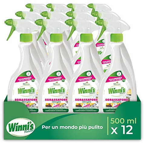 Winni's - Sgrassatore Spray Universale Multisuperficie Ipoallergenico, Azione Sgrassante, Pretrattante Contro le Macchie, Fragranza Marsiglia, Materie Prime di Origine Vegetale, 500 ml x 12 Confezioni