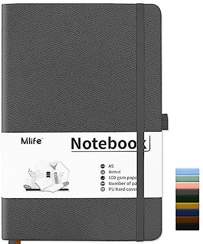 Mlife Notebook A5,Dotted Journal Buch mit 200 Seiten, Premium 100gsm Tintenfestes Papie Dickes,PU Hard Cover Notizbuch,Innentasche,Elastisch Gebändert,bullet journal&Dotted Notizblock A5(Grey)