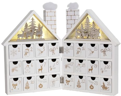 PE Noël Calendrier de l'Avent en Bois - Maison Blanche avec Scène de Noël et Éclairage LED - 24 Tiroirs à Remplir - (Blanc)