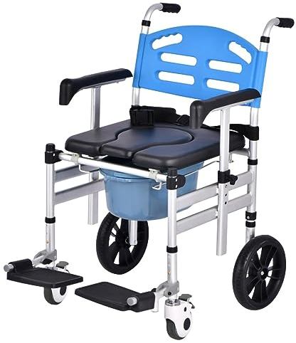 Toilettenstuhl mit Rollen, Toilettenrollstuhl mit gepolstertem Sitz, klappbarer Toilettenstuhl, Aluminium-Duschstuhl mit Rollen