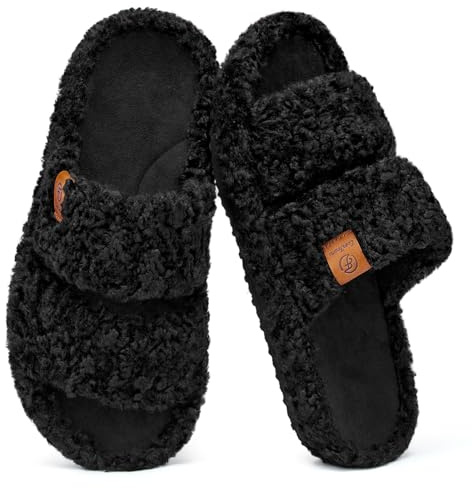 EverFoams Womens Fuzzy Open-toe Slippers Soft Comfy Memory Foam Indoor House Shoes Matt Black,7-8 UK