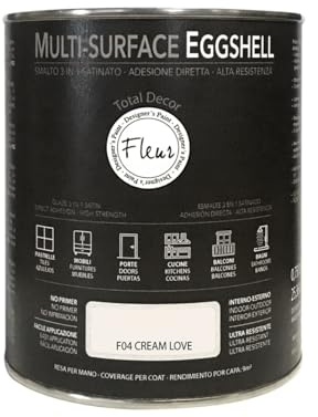 FLEUR DESIGNER'S PAINT | MULTI-SURFACE EGGSHELL Smalto Lavabile 3 in 1, Satinato, 750 ml, F04 Cream Love, a Base Acqua, Adesione Diretta, Alta Resistenza, per Interno - Esterno, Made in Italy