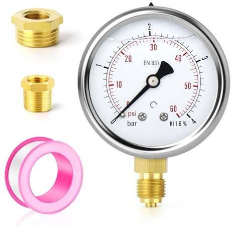TAILONZ PNEUMATIC 0-4 bar rostfritt stål 1/4 BSP 2,5 DIAL vätskefylld tryckmätare WOG vatten olja gas nedre fäste