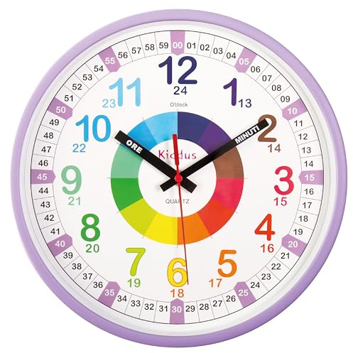 Kiddus Orologio da Parete Bambini per Imparare l'Ora, Orologio Educativo 30cm con Lancette Scritte Ora e Minuto, Decorazione Cameretta Bimbo e Bimba, Silenzioso, Pedagogico Colorati per Scuola e Casa
