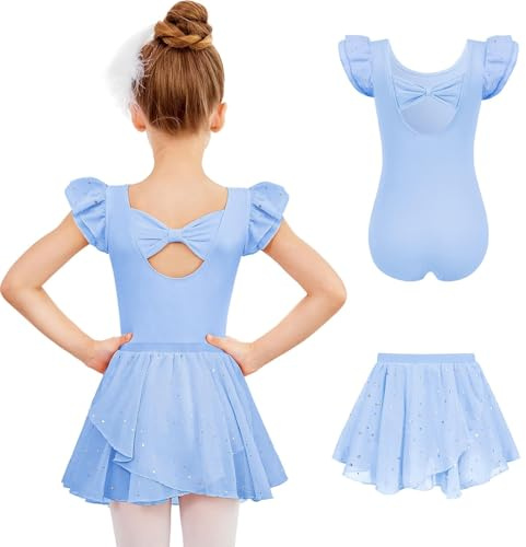 Arshiner Balette Robe de Danse Filles Robe de Ballet Manches Courtes Vêtements de Ballet Jupe de Ballet Pour Enfants Et Justaucorps de Ballet Coton Danse Body Ballet Pour Enfants Tutu Bleu 2-3 Ans