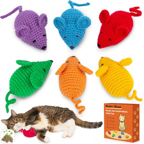 Retro Shaw Catnip Toys Crochet Mouse 6 Pcs - 100% Natural Catnip & Silvervine Blend Yarn Cat Nip Mice, Durable Hand-Knitted Teething Chew Toy for Indoor Cats & Kittens, Interactive Play & Dental Care