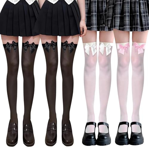 4 Pair White Knee High Socks with Pink Satin Bow, Long Socks for Women Over The Knee, White Knee High Socks With Bows Opaque Bow Lace Thigh High School Stocking for Women Valentine's Day Favors