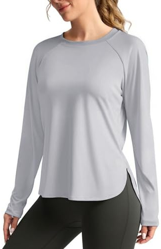 PINSPARK Sportskjorta dam UPF 50+ solskydd sport t-shirt funktionell skjorta långärmad löpartröja UV skjorta lätt långärmad tröja rund hals fitness yoga toppar rashguard, LJUSGRÅ, XL