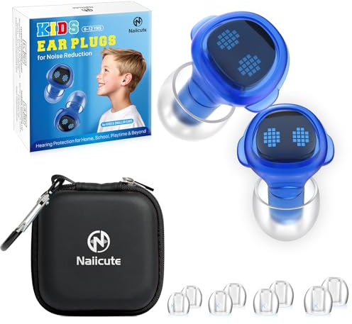 Kids Ear Plugs (6-12 yrs) - Reusable Earplugs for Focus, Travel, Concerts, Socializing, Sports, 8 Ear Tips in XS/S/M/L - Children Ear Protection Noise Reduction Earplugs-BU