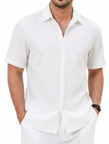 Enlision Blanc Chemise Homme Manches Courtes Décontractée Été Chemises pour Hommes Patte de Boutonnage Dissimulé Regular Fit Casual Shirts XXL