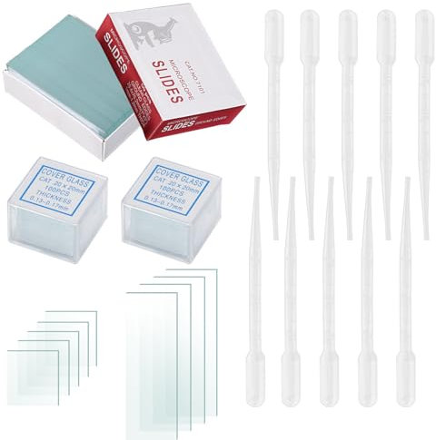 BEELUKY 50 Stück Mikroskop Objektträger und 200 Stück Mikroskop-Deckgläser mit 10 Tropfer Tropfer Mikroskop Zubehör für Labor Biologie Studium und Probenpräparation