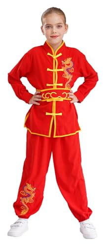 Yeahdor Kids Boys Girls Kungfu Suit Dragon Embroidery Tai Chi Martial Art Uniform Long Sleeve Shirt Pants Set Red 9-10 Years