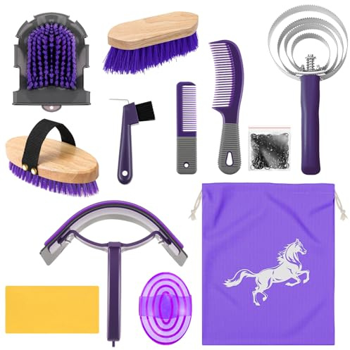 Abbylike 12 Pieces Horse Grooming Kit Racing Festival Tack Room Supplies Horse Brush Sets Equine Care Cleaning Kit Shedding Grooming Massaging Tools(Gray and Purple)