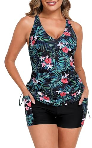Halcurt Zweiteiliger Tankini-Badeanzug für Damen, Bauchkontrolle, verstellbarer Kordelzug, Badeanzug und kurze Hose mit Tasche, Grüne Blätter, Medium